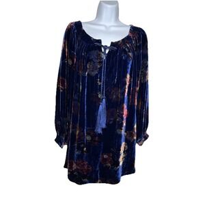 Sundance Blue Floral Velvet Blouse Tassel Silk Blend Boho Womens Size XL